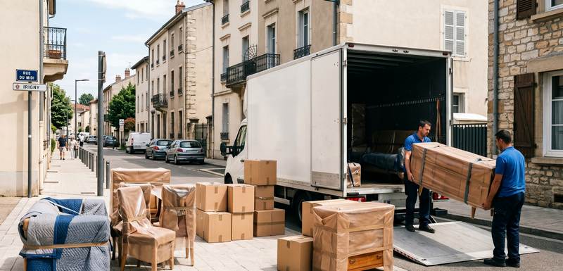 Déménageurs chargeant des meubles protégés à Irigny
