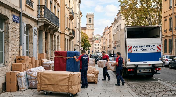 Déménageurs chargeant des cartons et meubles protégés dans une rue de Lyon