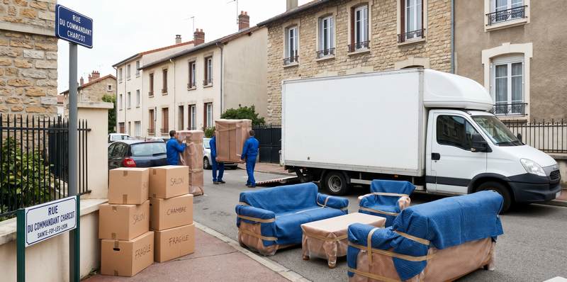 Déménageurs chargeant des meubles protégés à Sainte-Foy-lès-Lyon
