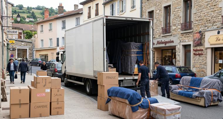 Déménageurs chargeant des meubles protégés à Vaugneray