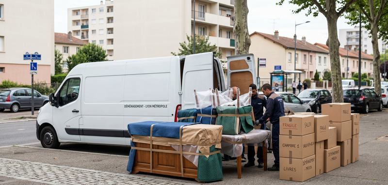 Déménageurs chargeant des meubles protégés à Vaulx-en-Velin