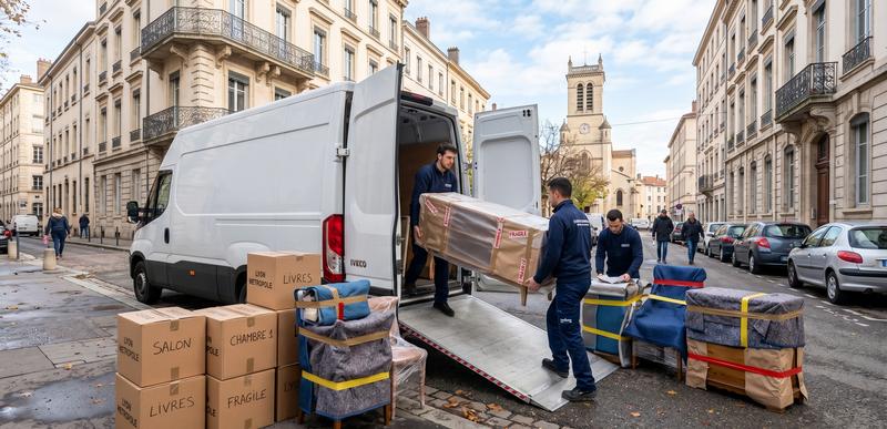 Déménageurs chargeant des meubles protégés à Villefranche-sur-Saône