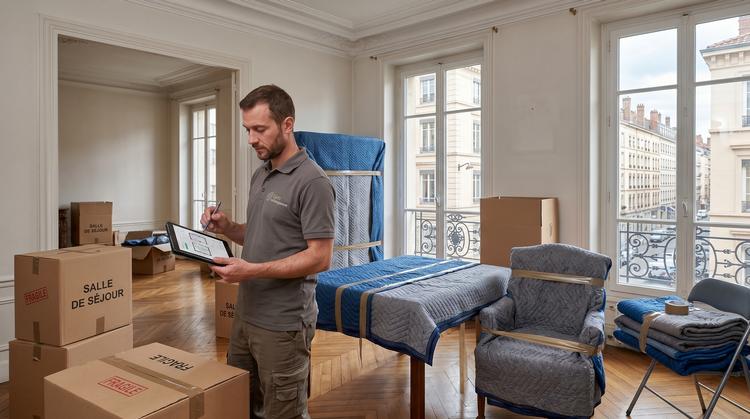 Déménageur évaluant le volume d’un appartement pour un devis à Lyon